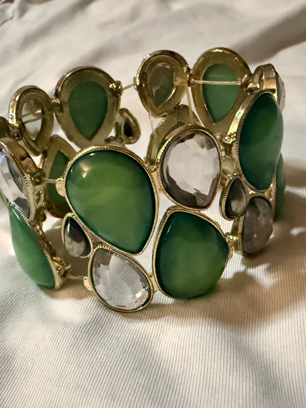 Vintage Gold Tone Teardrop Green & Clear Bezel Set Cuff Bangle Bracelet